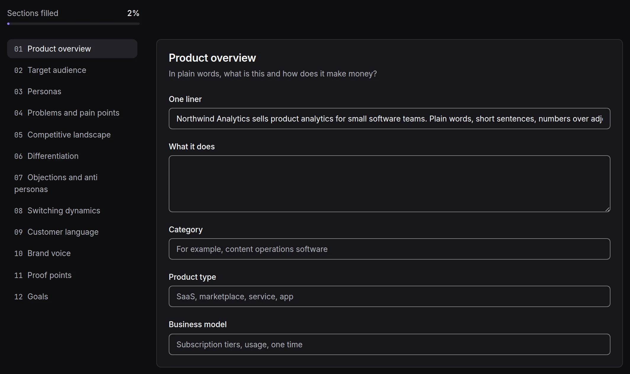 The context document tab of a brand: the twelve sections with their completeness and one section open for editing