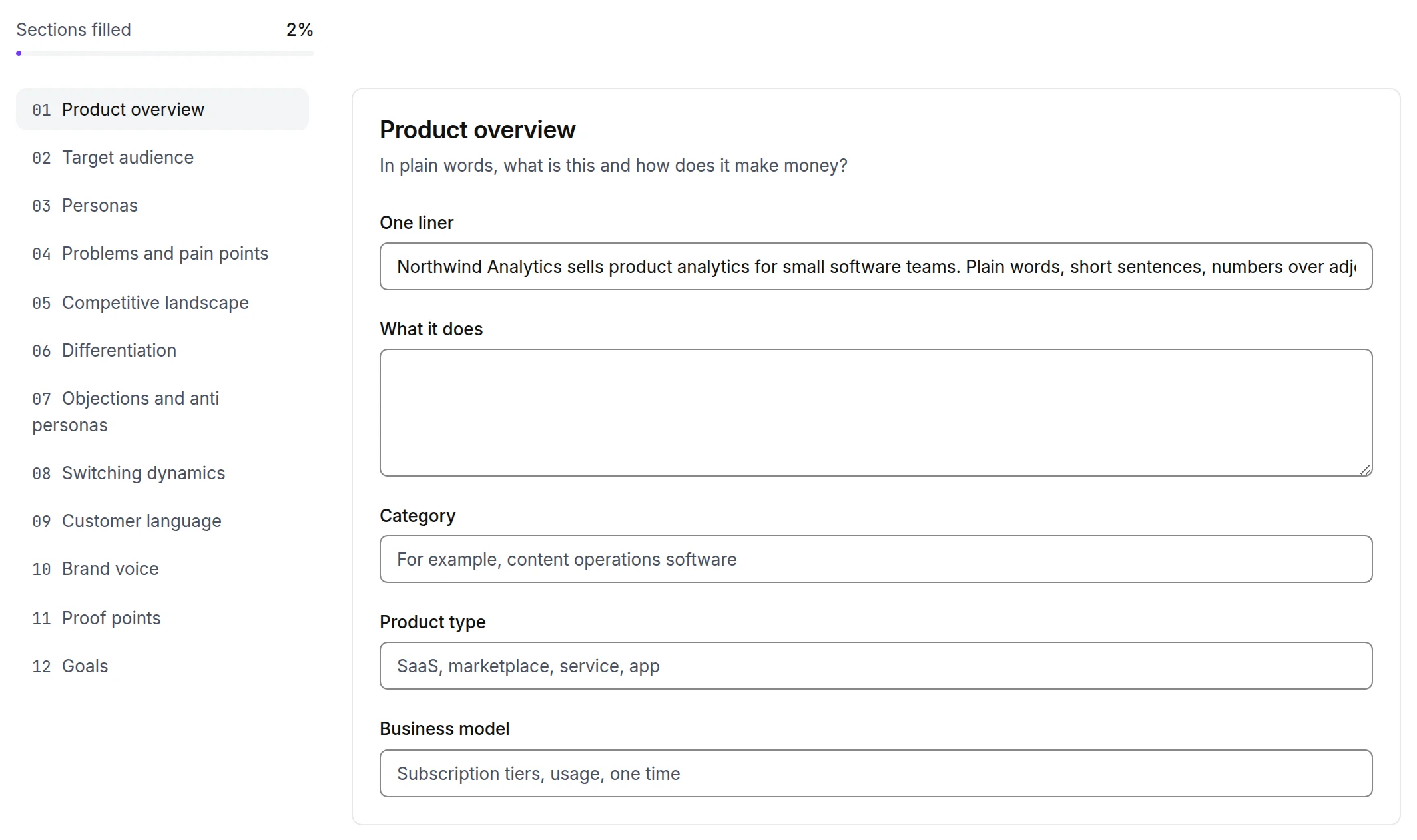 The context document tab of a brand: the twelve sections with their completeness and one section open for editing