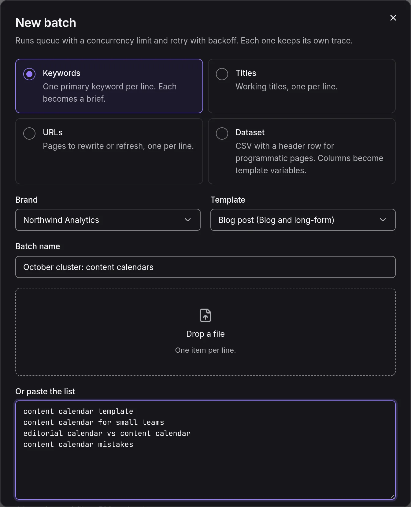 The New batch dialog: brand, template, batch name, a drop zone for the CSV and the concurrency setting