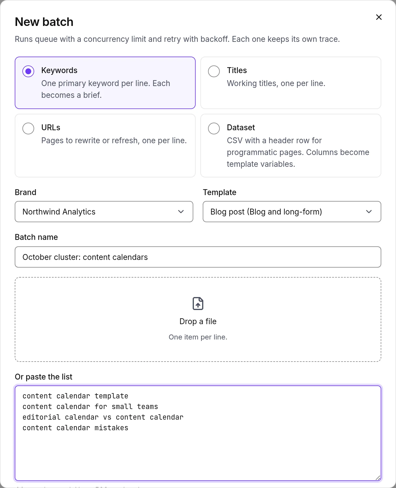 The New batch dialog: brand, template, batch name, a drop zone for the CSV and the concurrency setting