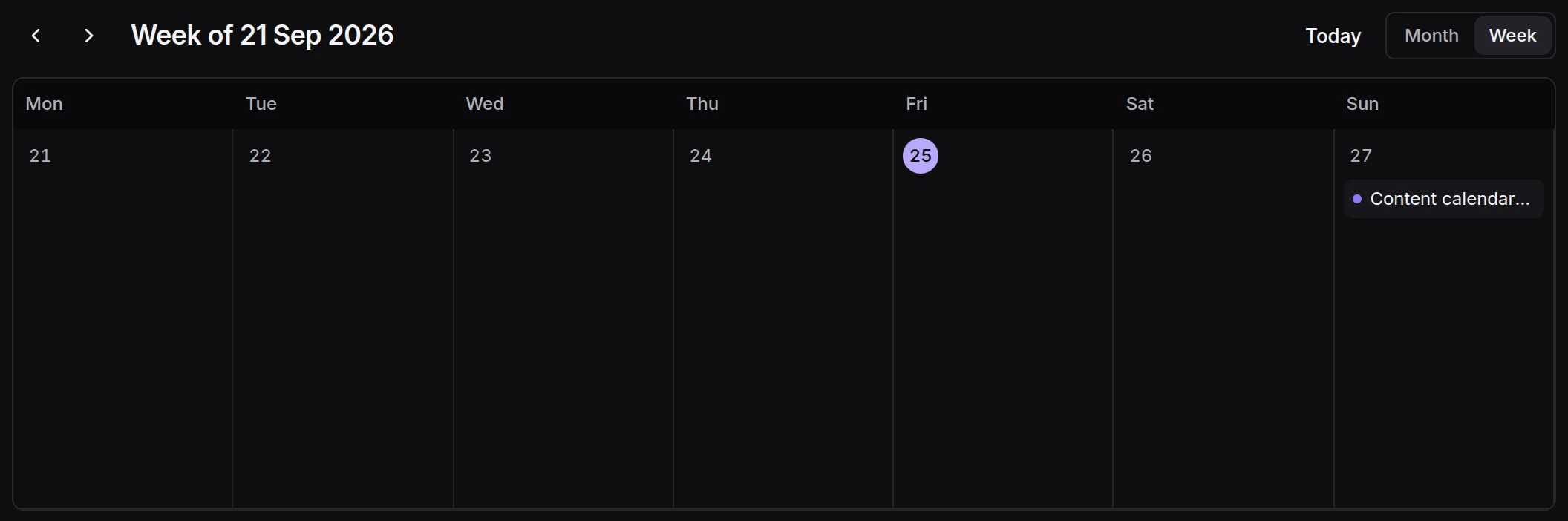The calendar in week view with a scheduled piece on one day and its channel