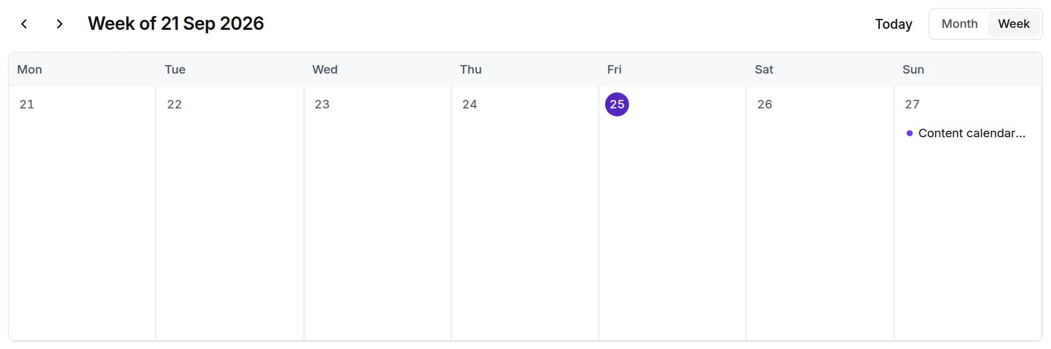 The calendar in week view with a scheduled piece on one day and its channel