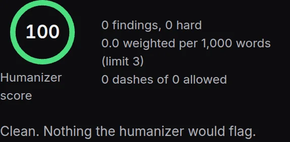 The Human panel of the editor: the score ring, the raw weighted score, and a list of findings with their tells