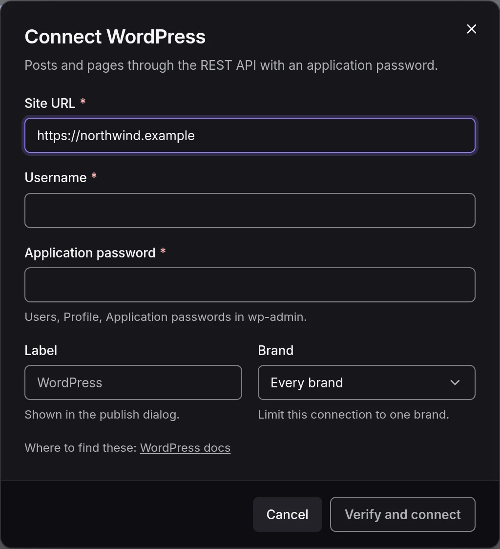 The Connect WordPress dialog: the site URL, the user and the application password fields