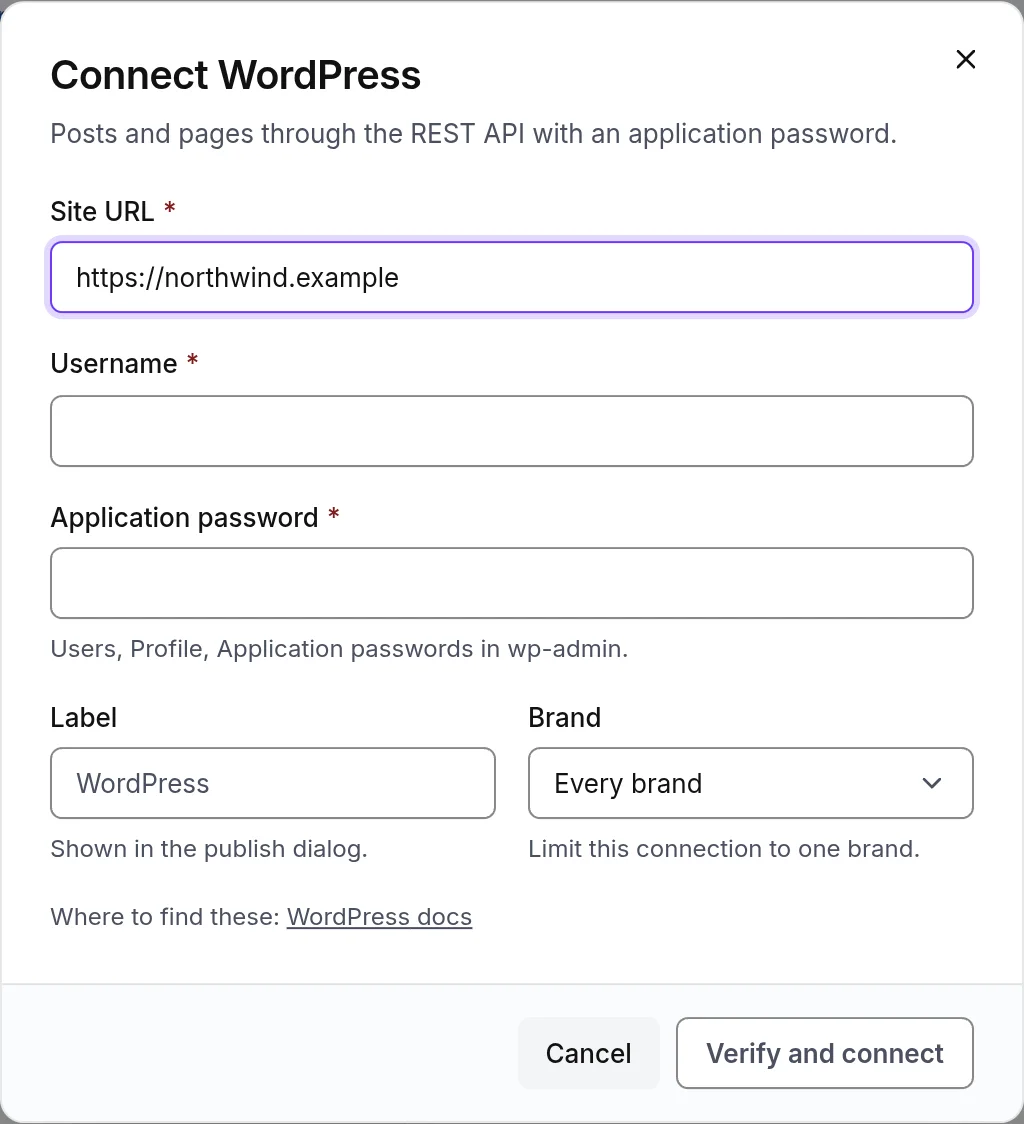 The Connect WordPress dialog: the site URL, the user and the application password fields