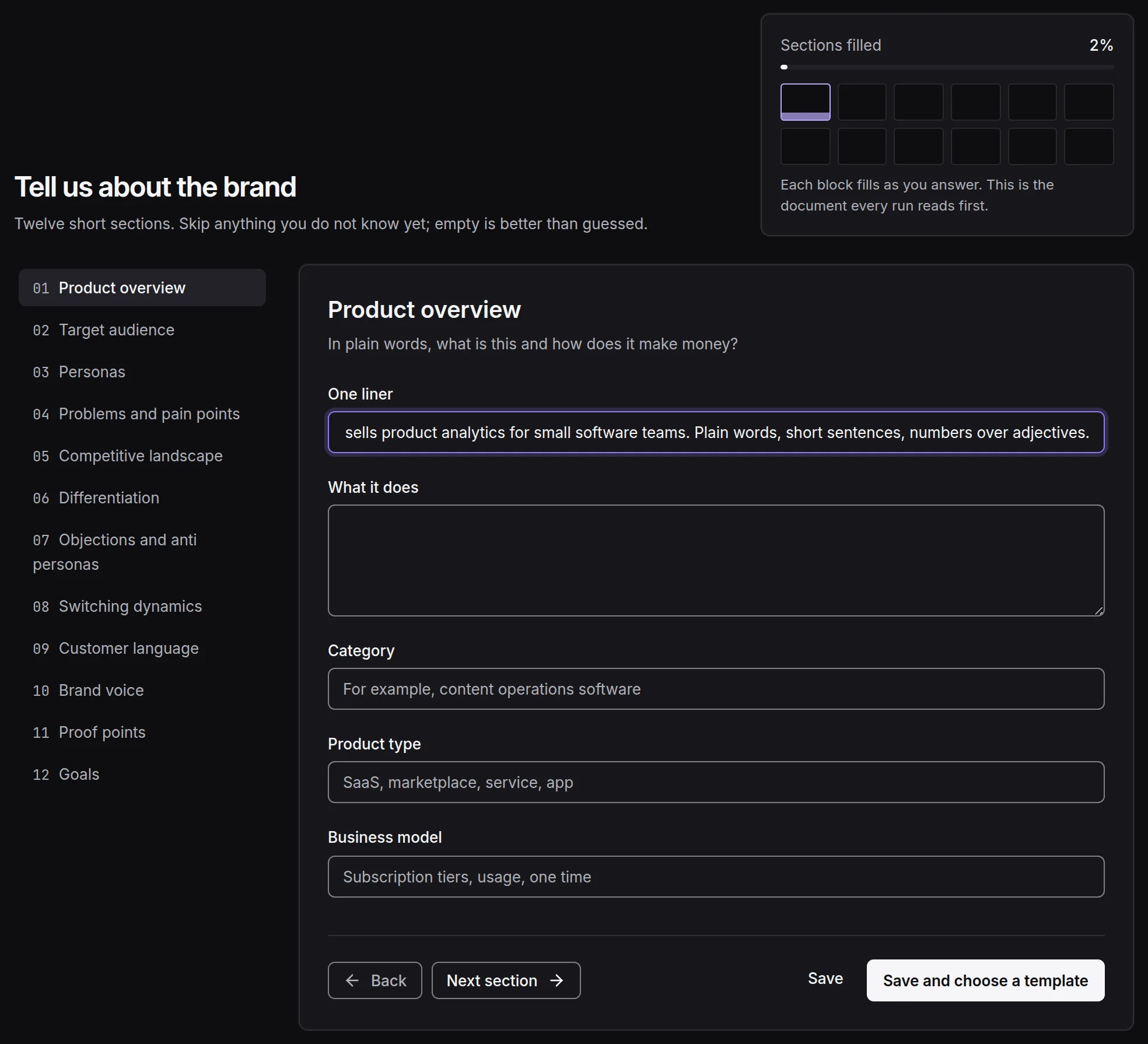 The brand context step of onboarding: one section open for editing beside the preview of the twelve blocks filling in