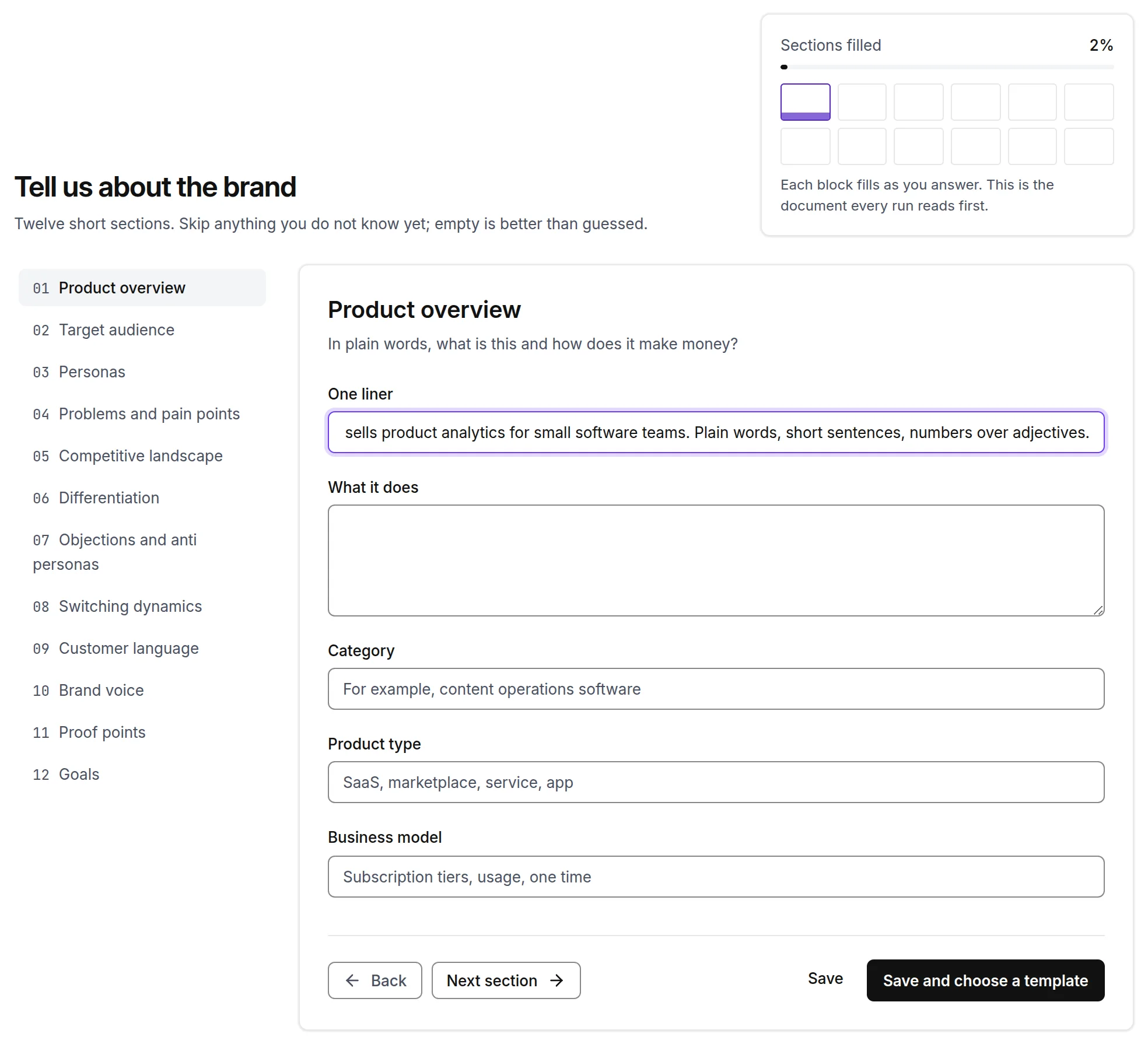 The brand context step of onboarding: one section open for editing beside the preview of the twelve blocks filling in