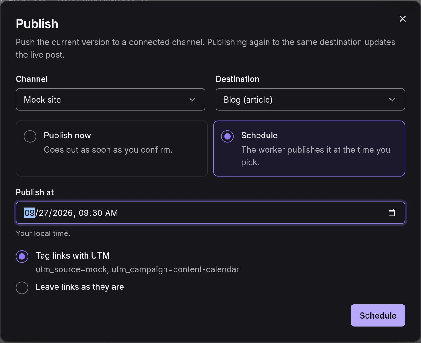 The Publish dialog: channel, destination, publish now or schedule, and link tagging