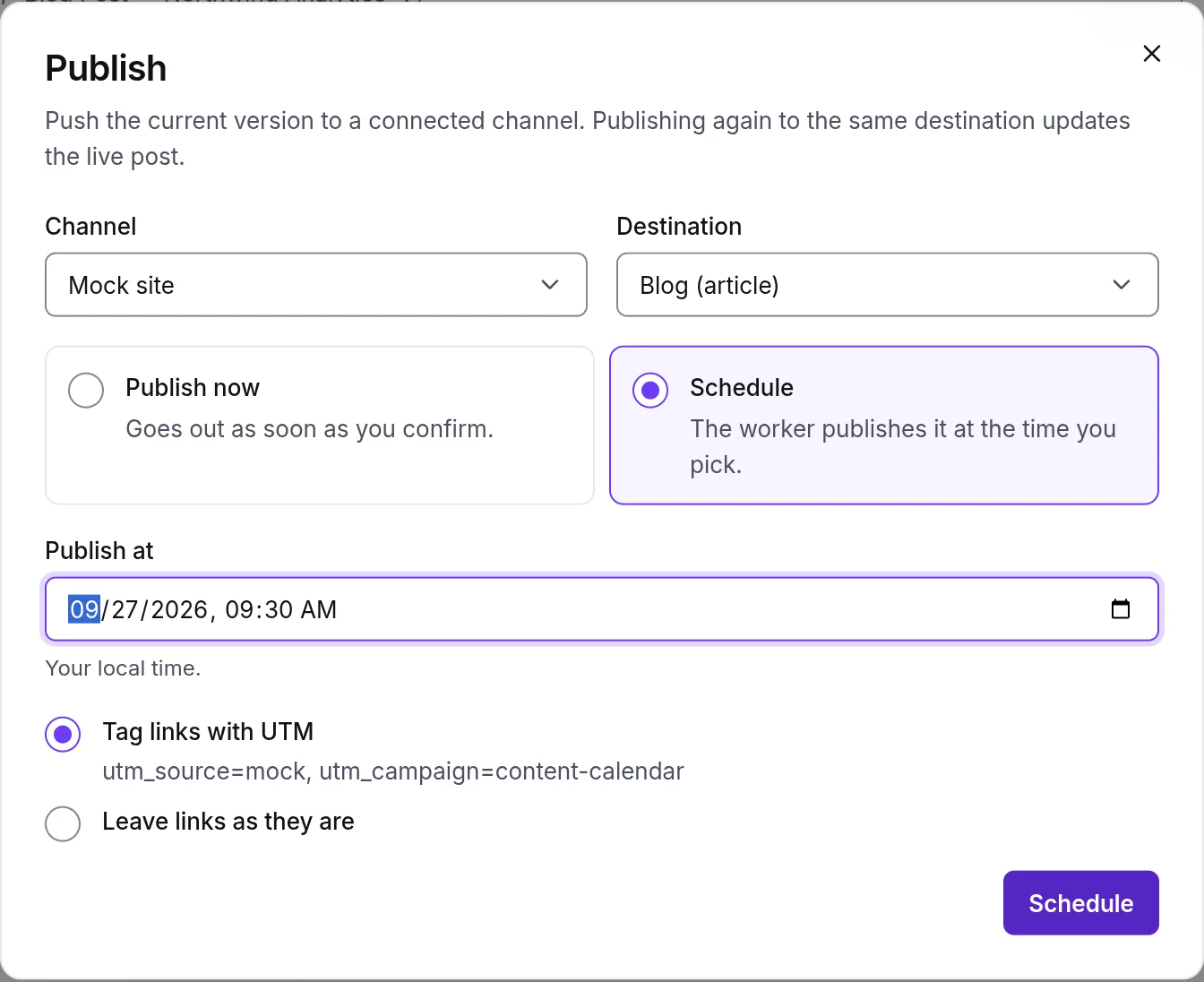 The Publish dialog: channel, destination, publish now or schedule, and link tagging