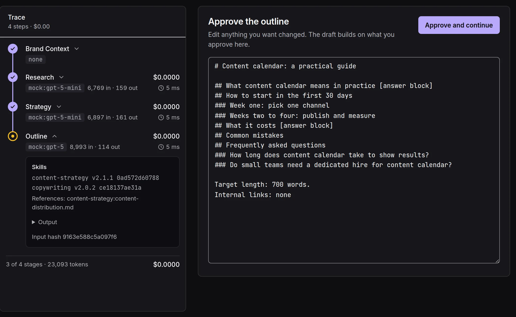 The run page paused at the outline checkpoint, with the outline open for editing and the Approve and continue button