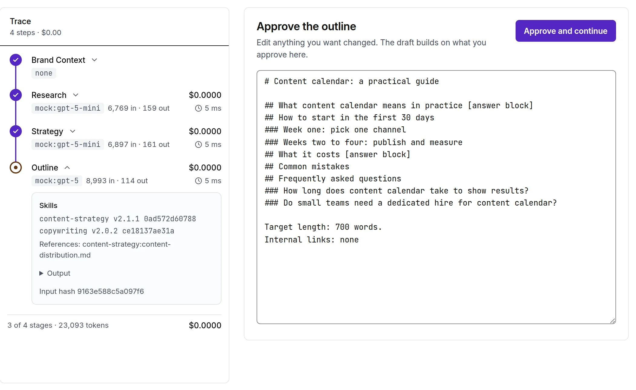 The run page paused at the outline checkpoint, with the outline open for editing and the Approve and continue button