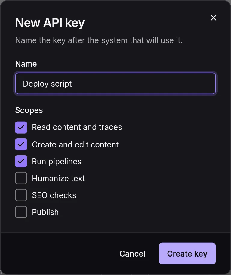 The New API key dialog: the key name and the six scope checkboxes