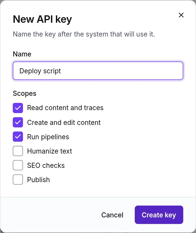 The New API key dialog: the key name and the six scope checkboxes