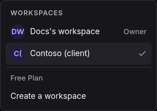 The workspace switcher open in the sidebar: the workspaces with the current one checked, the plan, and Create a workspace