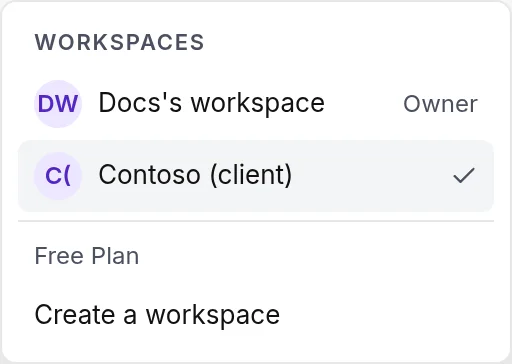 The workspace switcher open in the sidebar: the workspaces with the current one checked, the plan, and Create a workspace