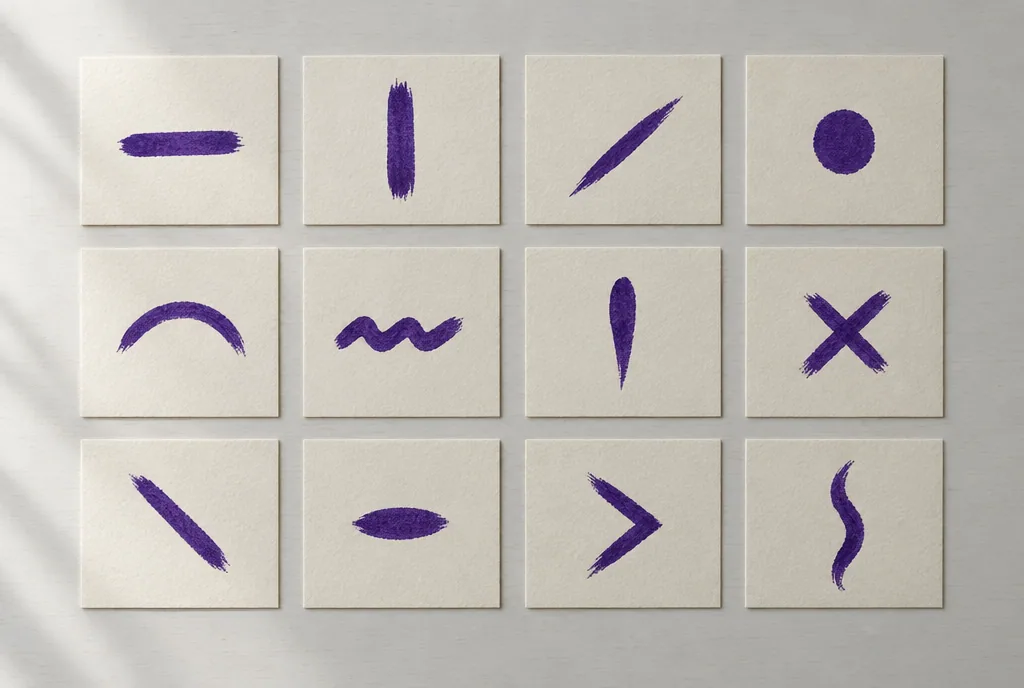 Twelve small paper cards in a grid, each with one violet ink stroke