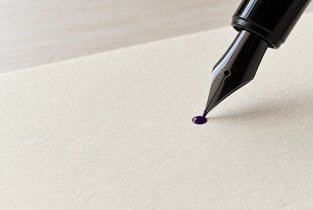 A fountain pen nib leaving its first violet dot on a blank sheet