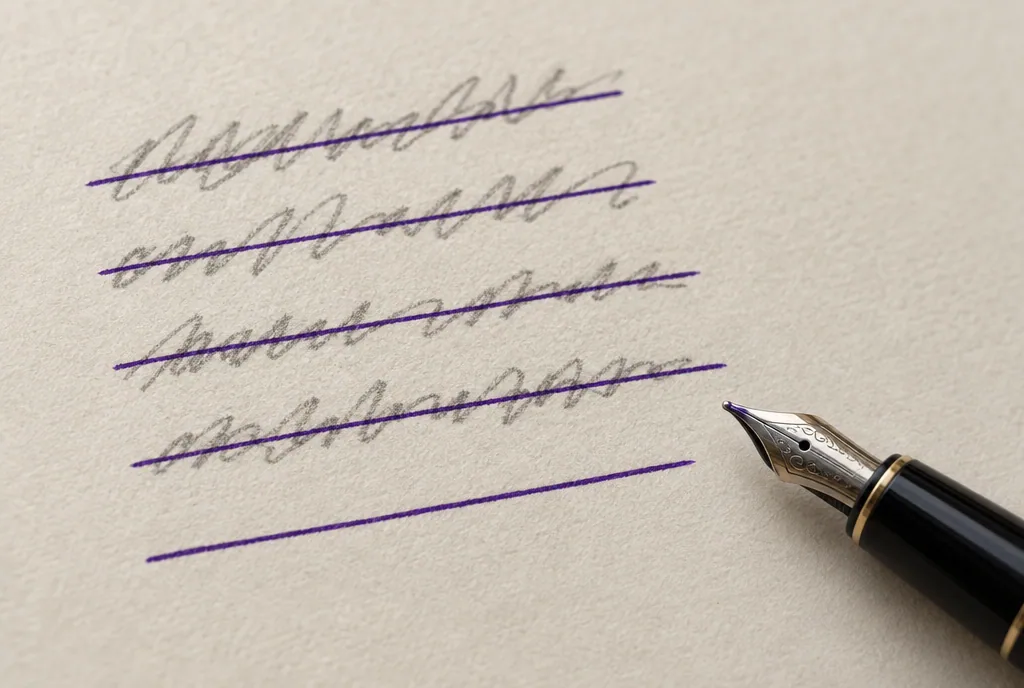 Pencil scribbles struck through in violet ink, with one clean violet line beneath them