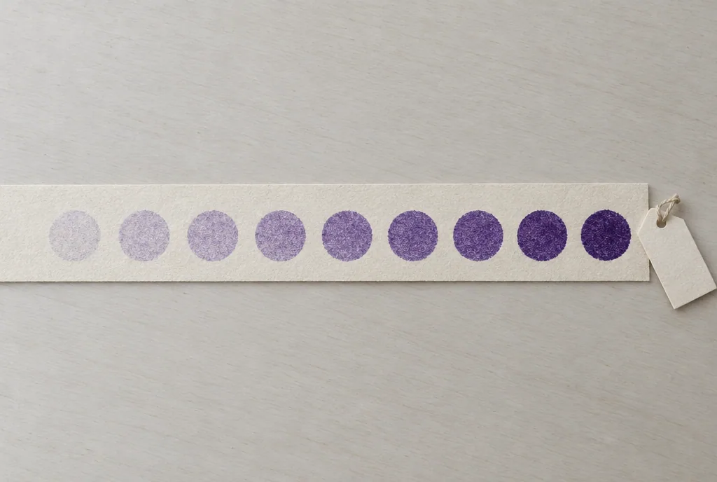 A strip of paper with nine violet stamps along it, faint at the first and dark at the last