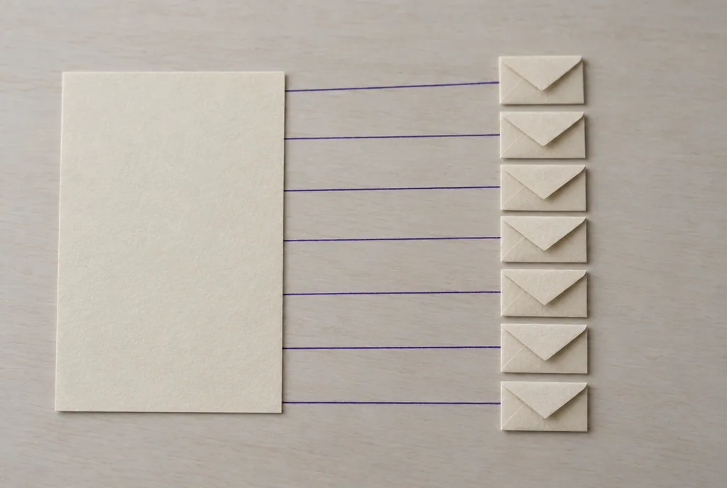 Seven violet lines running from one sheet of paper to seven small envelopes