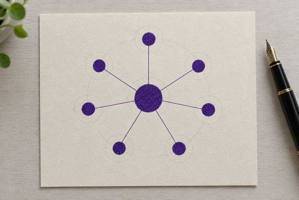 A hand drawn cluster map in violet ink: one large dot joined to seven smaller ones