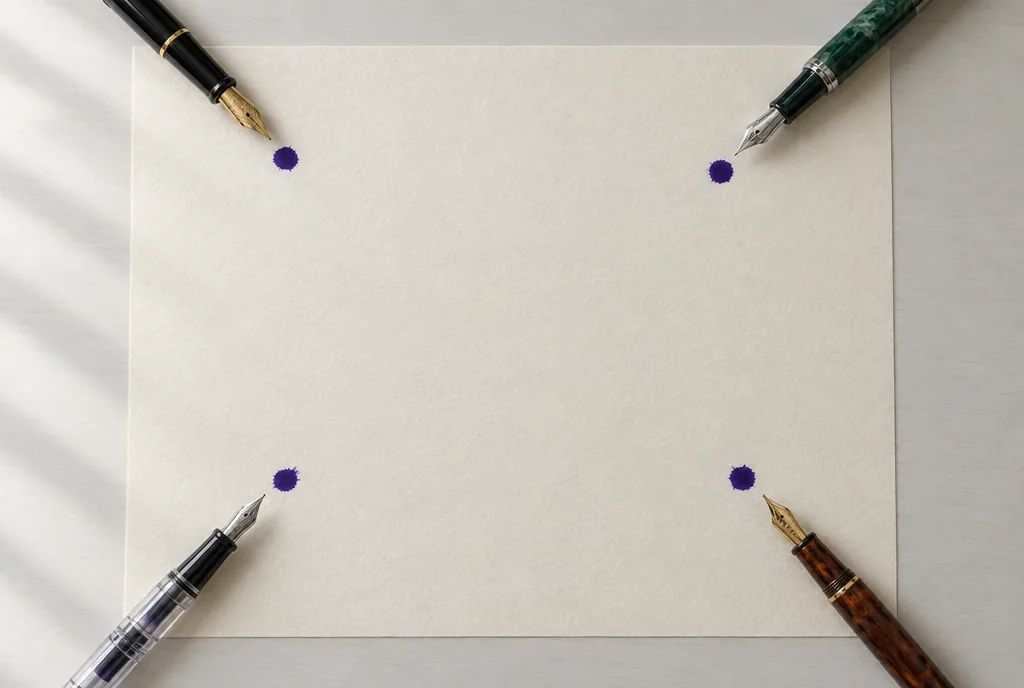 Four fountain pens around one sheet of paper, each with a violet mark near it