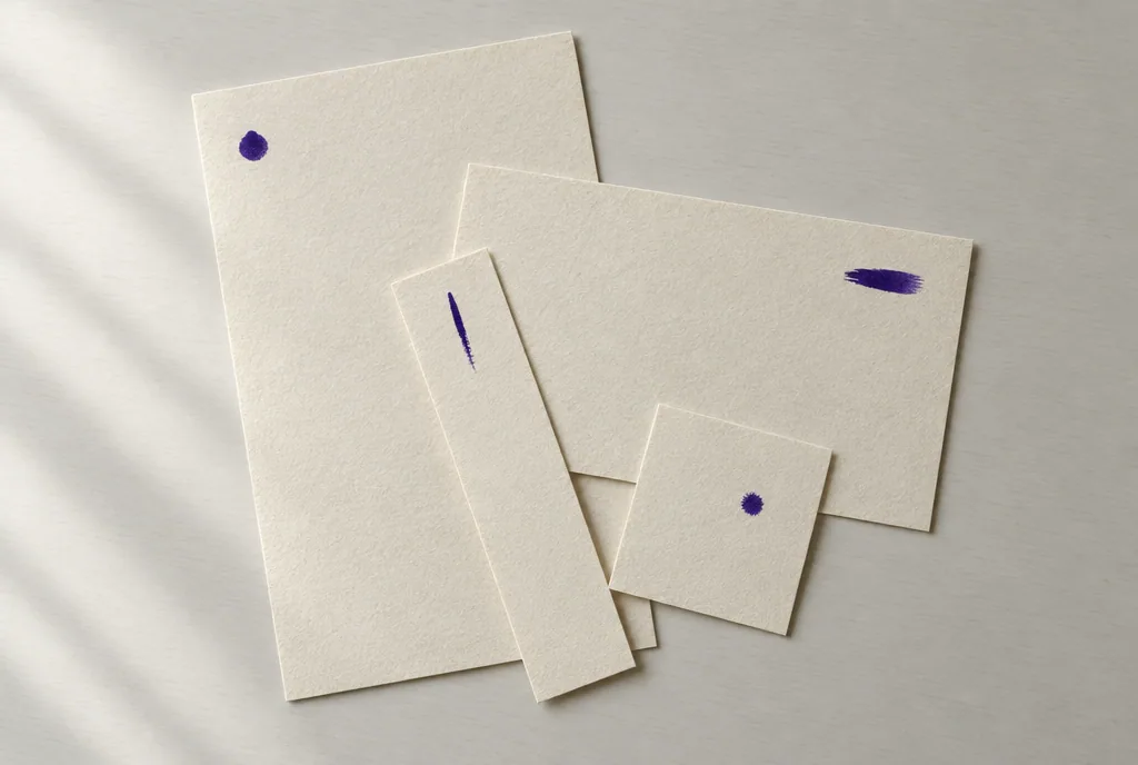 A fanned stack of paper in four formats, each with its own violet mark